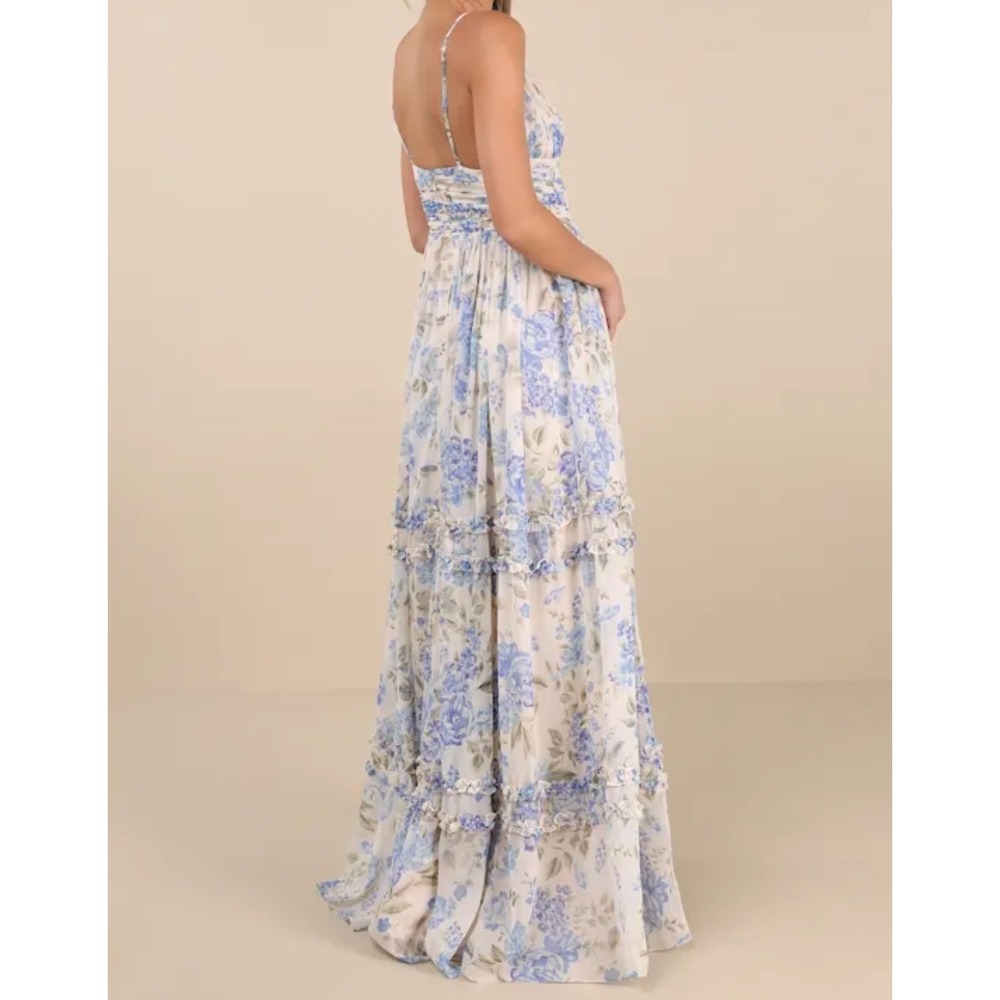 Lulus Niora Beige and Blue Floral Pleated Tiered Maxi Dress XL NEW - Picture 2 of 12